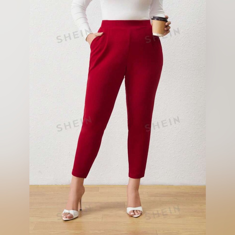 Women’s Plus High Waist Solid Color Red Skinny Pants With Pockets! Size 3XL.